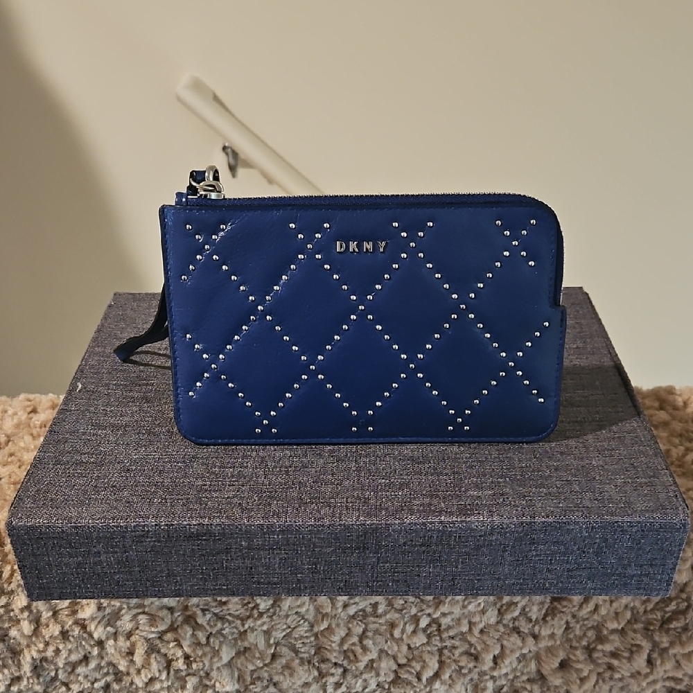 DKNY Navy Quilted Studded Wristlet 100% Leather
